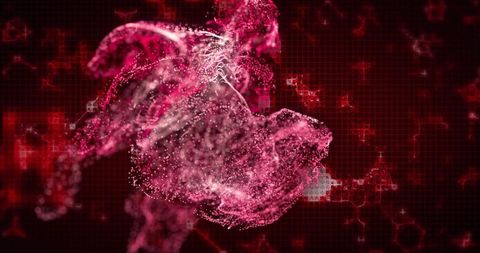 Magenta Particle Cloud Pulsing Over Red Digital Grid with Neon Hexagon Lattice Patterns
