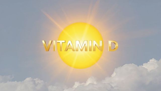 Golden Sunburst with VITAMIN D Metallic 3D Text Over Cloudscape for Wellness Branding
