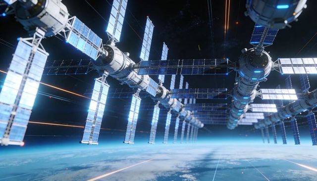 Modular Orbital Station with Extended Solar Arrays and Central Truss Orbiting Earth