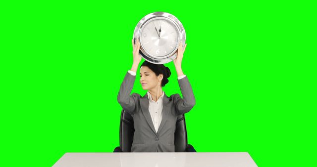 Businesswoman Holding Clock Overhead in Office Bright Green Background - Download Free Stock Images Pikwizard.com