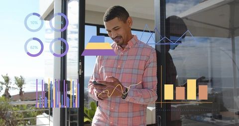 Young man on coastal balcony using smartphone with augmented reality analytics overlays