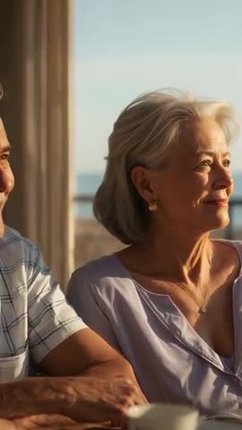 Senior couple enjoying golden hour by ocean, woman turning to sea smiling at table
