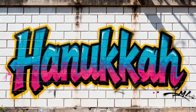 Celebrating Hanukkah with Bold Cyan-Magenta Graffiti Lettering on Tiled Wall