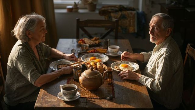 Senior couple sharing rustic sunlit breakfast at wooden table with tea and eggs