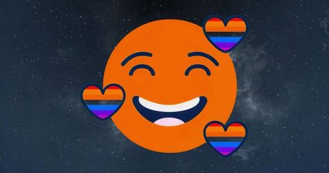 Cheerful Emoji with Rainbow Hearts Amidst Cosmic Backdrop
