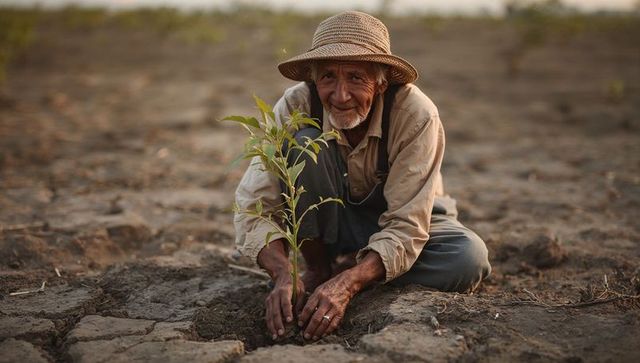 Elderly farmer planting tree in drought-stricken field