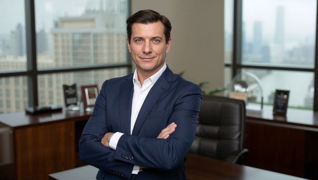 Confident corporate executive standing with arms crossed in high-rise office portrait