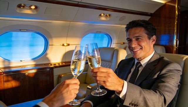 Executive toasting in private jet raising champagne glasses inside luxury cabin