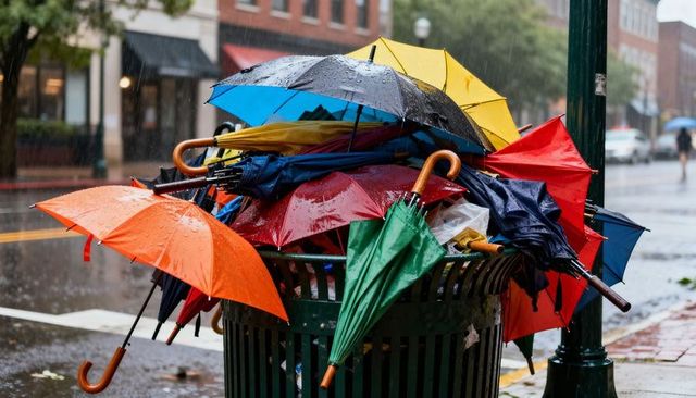 Colorful umbrella pile overflowing from green trash can on wet city sidewalk