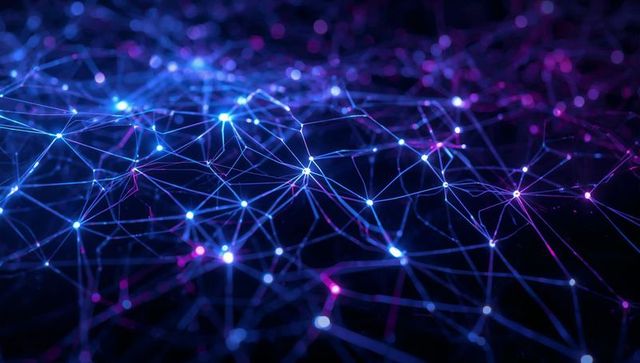 Glowing neural network mesh connecting blue and purple nodes for ai data visualization