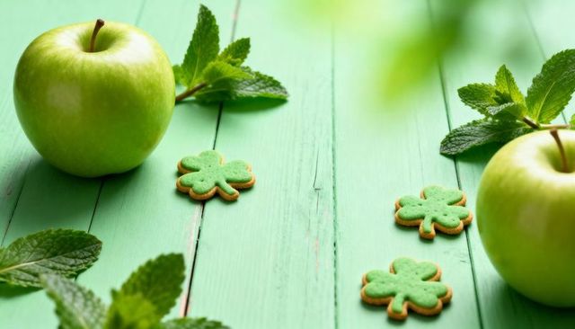 Green apples and shamrock cookies on mint-planked rustic table for st patrick's day, mint