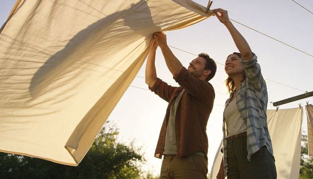 Couple hanging sunlit linen on backyard clothesline showing teamwork and domestic joy