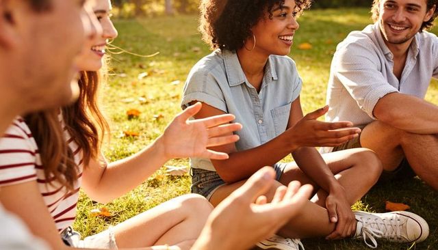 Friends enjoying lively conversation on sunlit park lawn — casual summer campus hangout