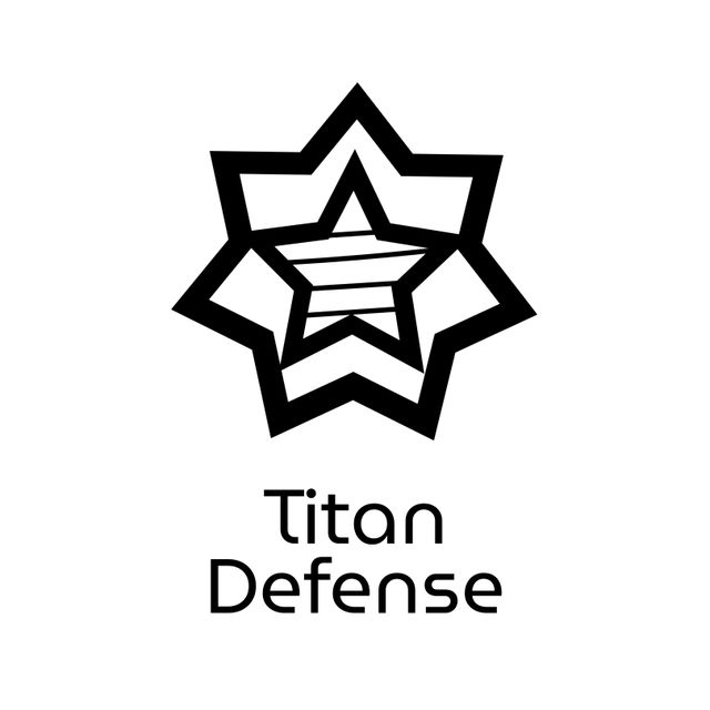 Simple geometric logo consisting of a black striped star within another star on a white background, representing Titan Defense company. Perfect for use in corporate branding, defense firms, security industry brochures, and websites looking for a minimalist and professional logo.