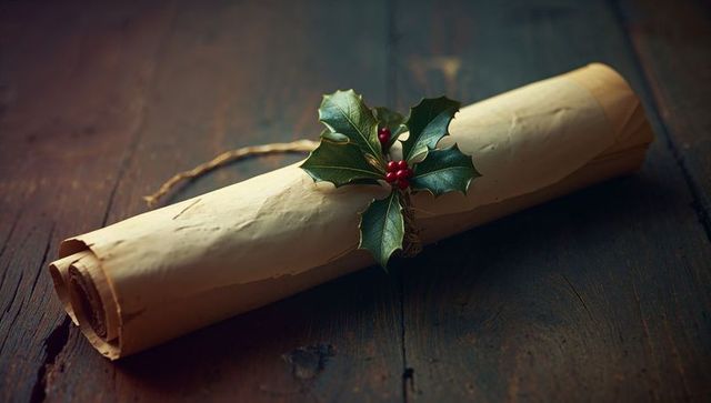 Vintage parchment scroll with holly on rustic wooden table