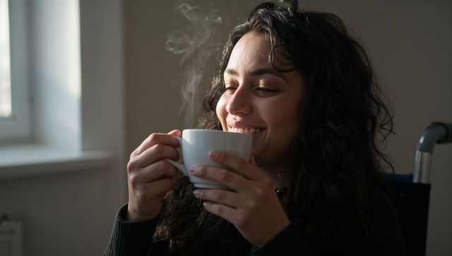 Woman enjoying steaming mug by window in wheelchair, cozy home morning portrait