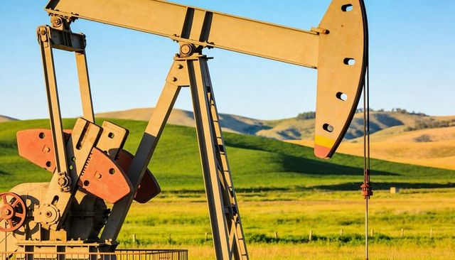 Pumpjack pumping oil in rolling green hills with ladder and red counterweights