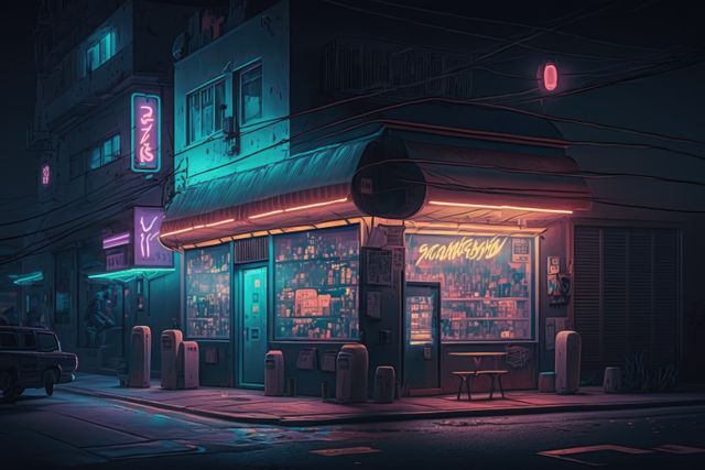 An atmospheric night street scene featuring a small, neon-lit Japanese shop and bar. The vintage storefront, glowing with vivid neon signs in the dimly lit urban setting, evokes a sense of nostalgia and the aesthetic of a retro cyberpunk landscape. Perfect for themes involving nighttime cityscapes, futuristic environments, retro urban life, and high-contrast lighting. Ideal for use in digital art projects, websites, blog posts, video games, movie settings, and advertisements looking to capture a vibrant and nostalgic urban feel.