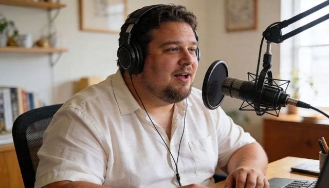 Male podcaster recording in home studio with headphones talking into microphone