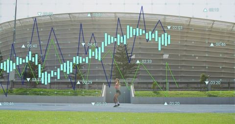 Urban runner in pink top and shorts jogging past stadium with fitness analytics overlay