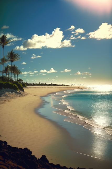 Beach and sea with palm trees and sky with clouds created using generative ai technology. Vacation, beach, nature and landscape concept digitally generated image.