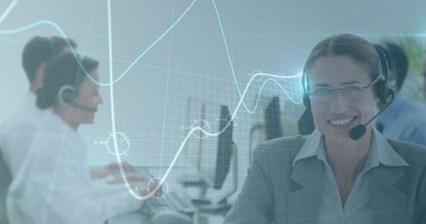 Smiling businesswoman with headset in bpo with futuristic data overlay