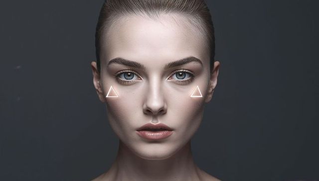 High-fashion symmetric beauty portrait showing illuminated cheek triangles and flawless skin