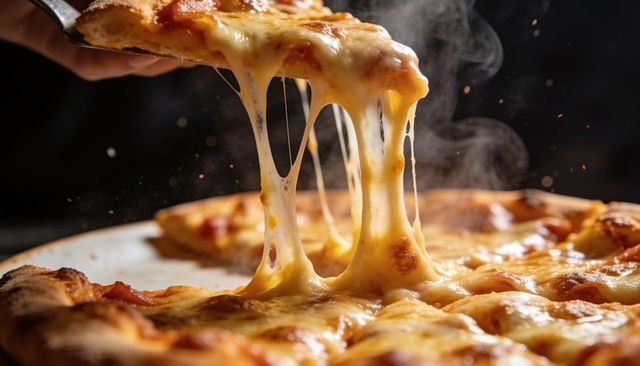 Stretching mozzarella pulling from hot cheese pizza slice with steam and gooey crust
