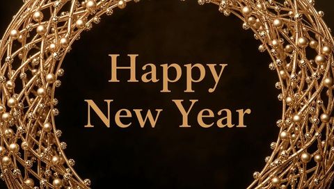 Luxurious gold wreath happy new year greeting with ornate beads and dark background