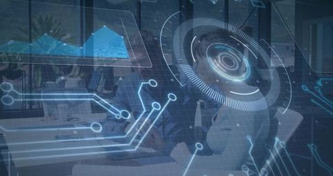 Business Team Collaborating with Futuristic Holographic Interface in Modern Conference Room