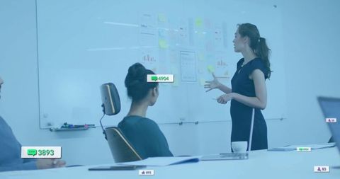 Businesswoman presentation on whiteboard in modern office