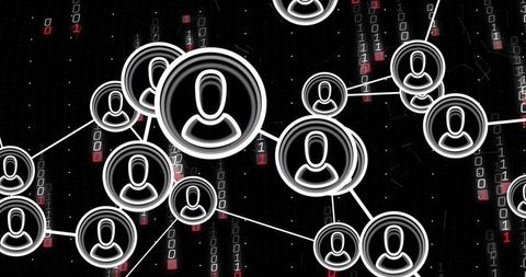 Glowing user node network connecting binary data streams on dark digital grid