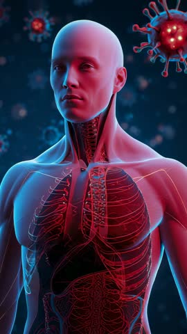 Rotating translucent torso revealing lungs and viruses in vertical 3D medical animation