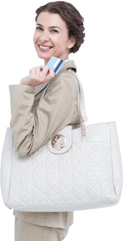 Smiling Businesswoman Holding Credit Card and White Quilted Handbag Transparent Background