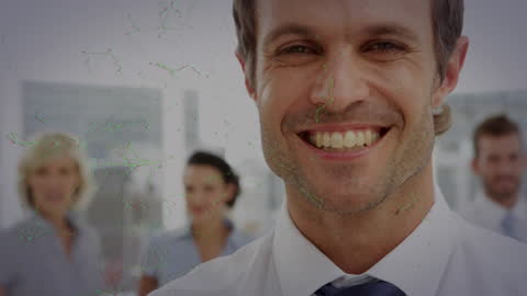 Smiling Business Team with Digital Overlay in Modern Office