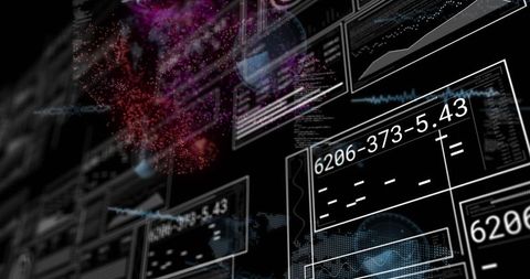 Futuristic HUD Panels Receding into Dark Space with Numeric Code and Nebula Overlay