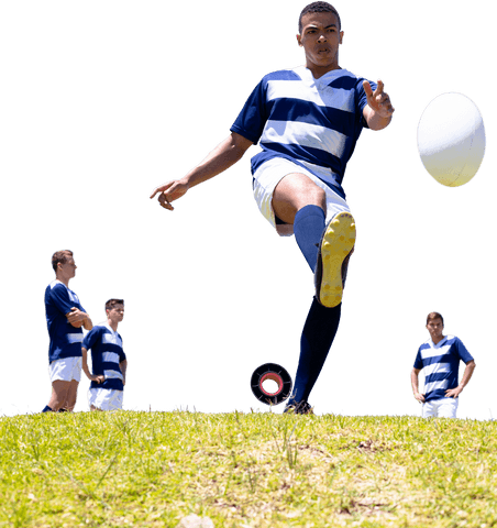 Energetic Rugby Player Kicking Ball with Teammates on Transparent Background