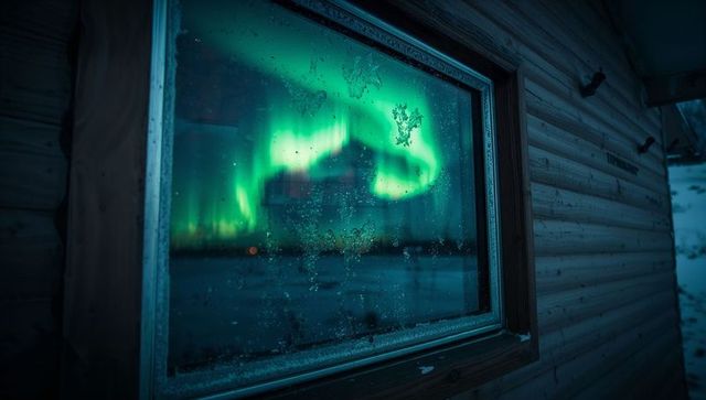 Aurora borealis reflected in cabin window amidst snowy wilderness