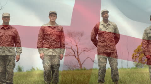 Diverse Soldiers with England Flag Overlay Symbolizes Patriotism and Duty