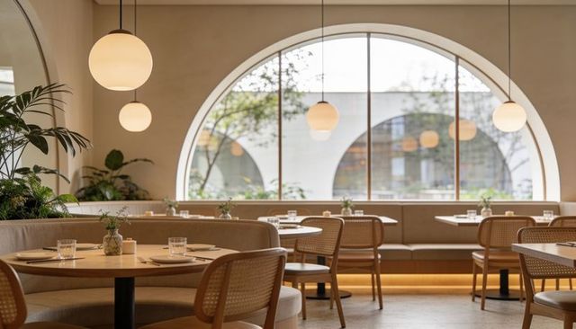 Modern curved banquette dining by arched window, pendant lighting, timber round tables