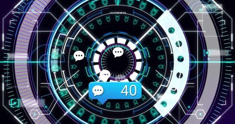 Futuristic circular hud interface featuring neon holographic dashboard and chat badge 40