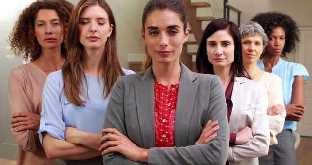 Group of six diverse women standing with arms crossed, embodying confidence and unity in a professional setting. This can be used for business, leadership, women's empowerment campaigns, teamwork representations, and professional advertisements.