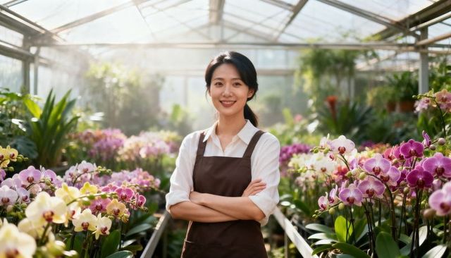 Smiling florist standing among rows of blooming orchids in sunlit greenhouse nursery