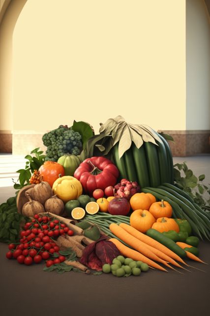 Empty room with basket of vegetables and fruit on floor over wall, using generative ai technology. Food, shopping and healthy concept digitally generated image.