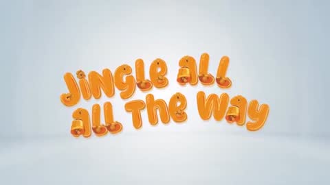 Animating glossy orange 3D Jingle All Way typography bobbing with bells on light-blue backdrop
