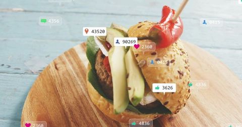 Showing gourmet avocado burger on seeded bun with social media engagement icons