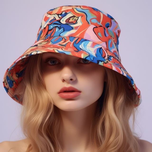 Young woman with blond hair wearing colorful, patterned bucket hat. Ideal for fashion blogs, summer style content, advertisements for trendy accessories, and lifestyle articles.