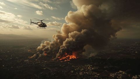 Aerial helicopter breaking news scene over massive industrial fire