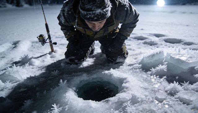 Kneeling angler peering into ice hole under moonlight during solitary night fishing adventure
