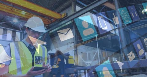 Construction Worker Using Smartphone Amidst Digital Overlay - Download Free Stock Images Pikwizard.com